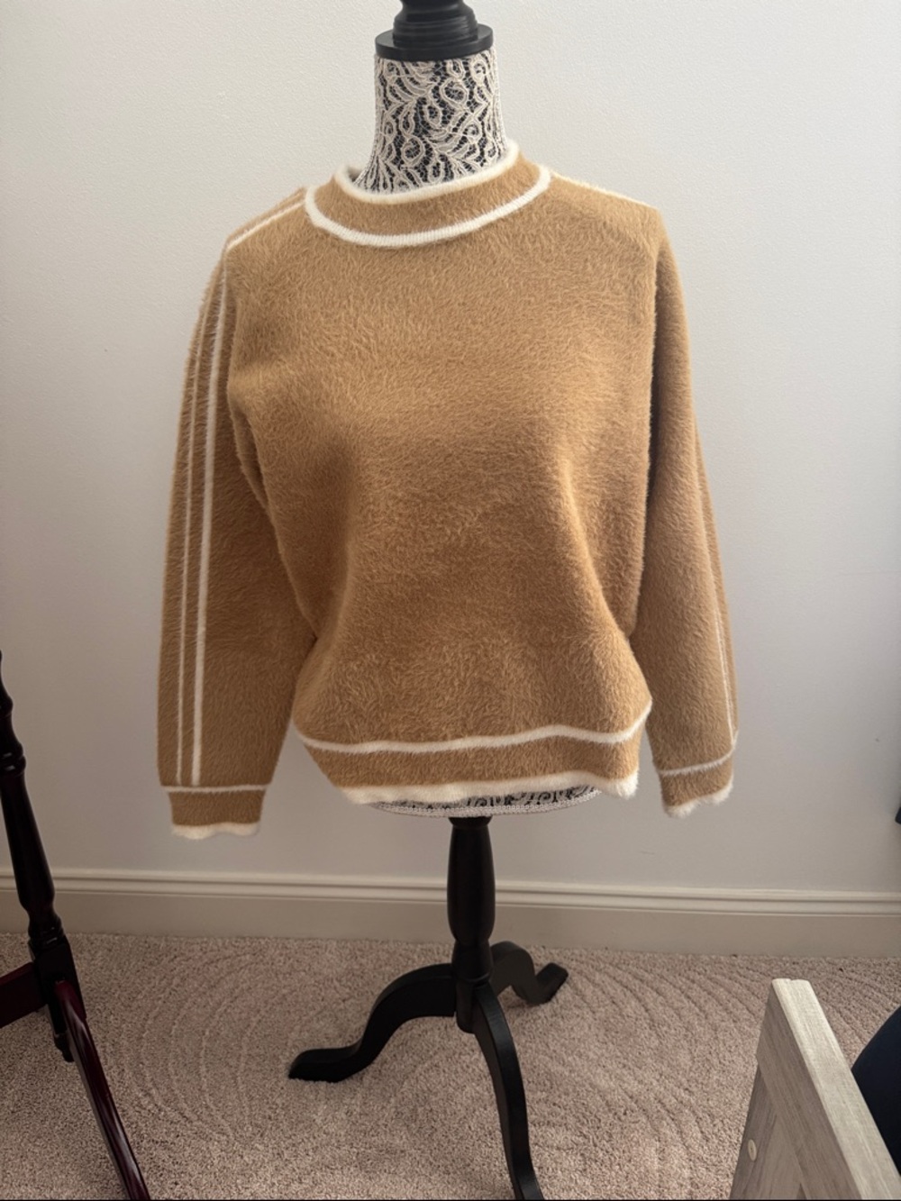 Karen Kane Camel Crewneck Sweater with White Trim